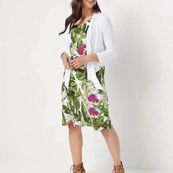 Susan Graver Dresses & Skirts - Women Tropical Dress MP Medium Petite Sleeveless Layered Green Flowers Dress